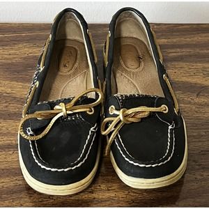 Sperry Top Sider Womens 8.5 Black Leather & Tweed Slip On 2 Eye Boat Shoe